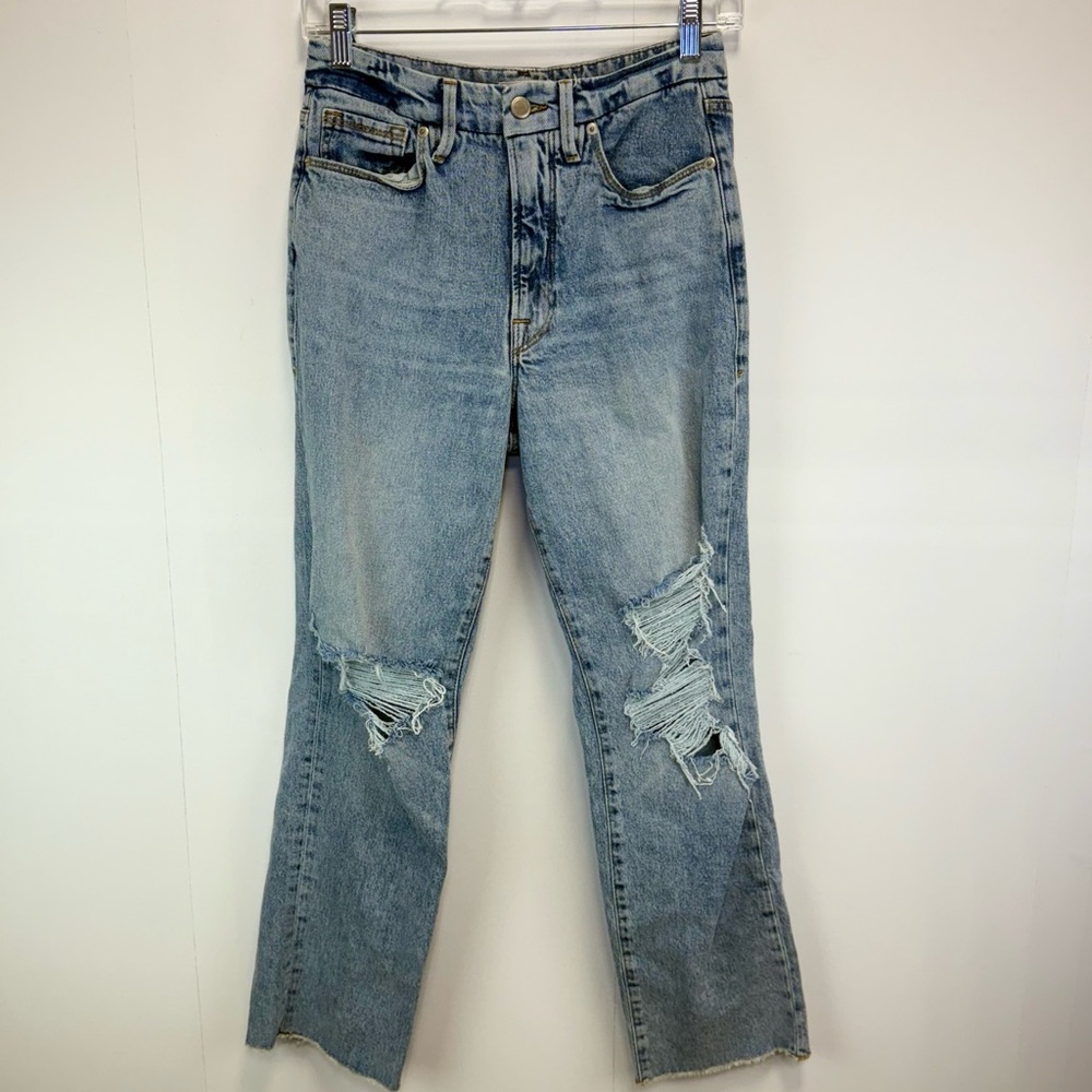 Good American Good Boy GBFH235T High Rise Distressed Straight Raw Hem Jeans 4/27